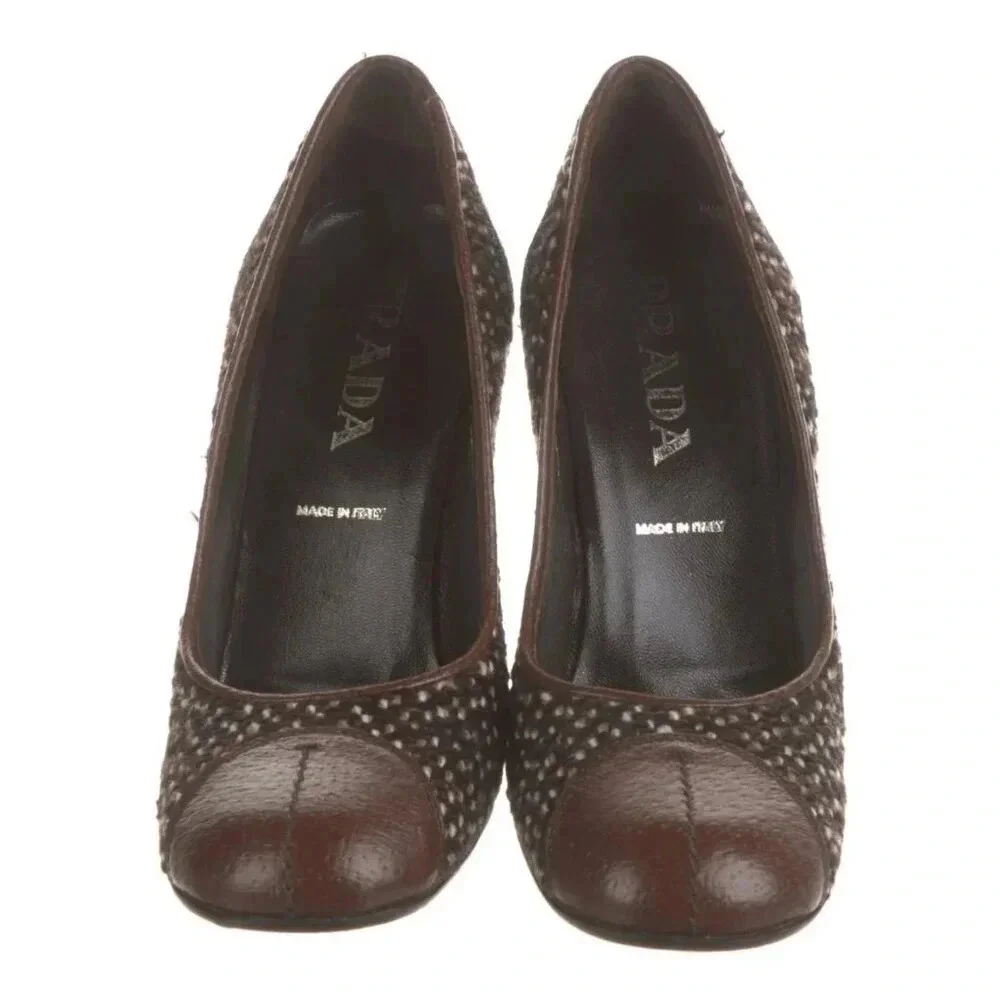 Prada Tweed Vintage 90s Heels Brown Tan Pumps Shoes 39 8.5